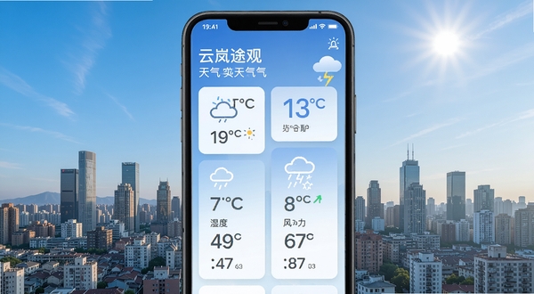 云岚途观天气实时天气播报功能界面,手机屏幕显示温度湿度风力等详细气象数据卡片,背景为城市天际线与晴朗天空,画面风格写实清新,突出数据可视化元素