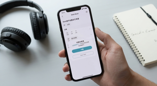 Moeli阅读新手设置引导场景,画面主体为一只手握持手机,屏幕显示排版设置面板与权限开启提示,背景为简洁的浅灰桌面,旁边放置耳机与笔记本,光线明亮自然,突出上手操作的直观感