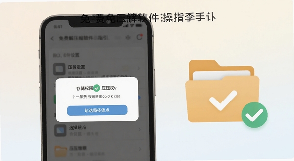 免费解压缩软件操作指引示意图，画面展示手机屏幕中存储权限授权弹窗与解压路径设置界面，旁边配有文件夹图标和勾选标记，风格简洁明快，色调柔和，背景为浅色渐变，突出权限设置与路径选择要点