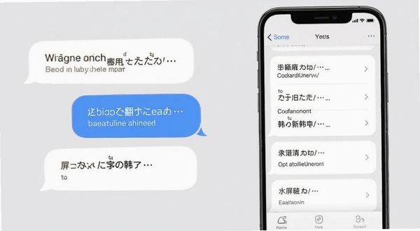 屏译多语种翻译结果气泡与历史记录列表界面，手机屏幕显示中英日韩对照文本，浅灰色背景，卡片式布局，清爽极简风格