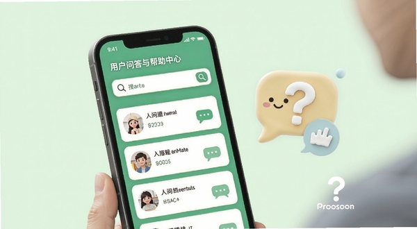 AnyMate用户问答与帮助中心界面示意图，画面展示手机屏幕上的问答列表与搜索框，旁边配有对话气泡与问号图标，背景为柔和浅绿色调，整体风格亲切友好，突出答疑解惑的使用场景，适配Boogu模型生成