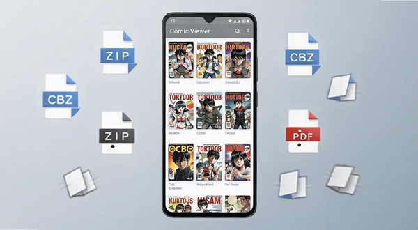 整体画面以一部竖屏安卓手机为视觉中心,屏幕内展示 Comic Viewer 的漫画书架界面,整齐排列着多本封面各异的漫画书,背景是柔和的浅灰蓝色渐变空间,手机周围漂浮着 CBZ、ZIP、PDF 等格式图标与翻页动效元素,整体风格简洁现代,突出本地漫画管理与离线阅读的核心定位,构图居中,光线均匀,细节清晰
