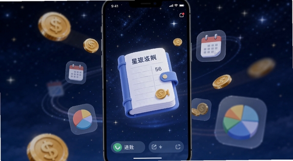 手机屏幕中央展示深蓝星空背景的记账应用界面,界面中有一本发光的虚拟账本悬浮,账本周围环绕着金币、日历、饼状图等半透明图标,背景为深邃夜空与点点星光,整体风格清爽简洁,突出星空记账软件的核心记账属性,画面比例为竖版手机截图风格
