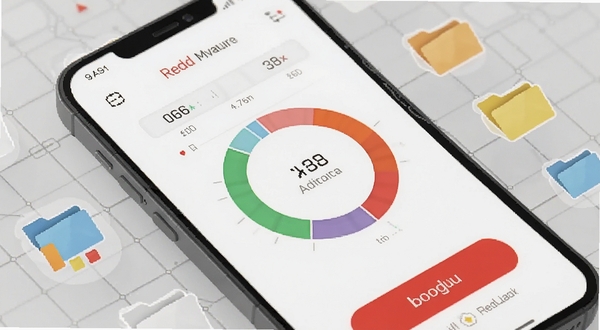Redd存储管理界面示意图,手机屏幕显示存储占用环形图与清理按钮,背景为科技感浅灰网格,画面加入数据条与文件夹图标,整体风格干净利落,适配Boogu模型生成