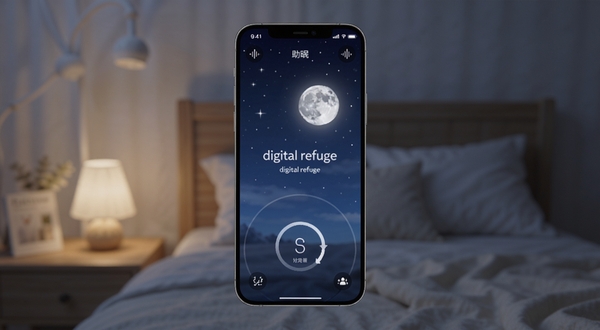 整体概览 digital refuge 应用主界面，手机屏幕居中展示深蓝色夜空背景与柔和月光的助眠首页，四周环绕白噪音波形图标与呼吸引导圆环，背景为安静的卧室床头环境，暖色小夜灯虚化，画面风格清新治愈，细节精致，适合应用商店展示图