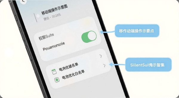 SilentSuite 移动端操作示意图,画面展示一部手机屏幕特写,界面上有权限开关与电池优化白名单选项,旁边用浅蓝色标签标注操作要点,背景为柔和的米白色,风格扁平清新