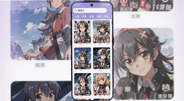AnimeX 应用主界面全貌，手机屏幕中央展示动漫封面瀑布流列表，顶部为搜索栏与分类标签，背景为淡紫色渐变二次元风格插画，画面干净明亮，适配 Boogu 模型生成