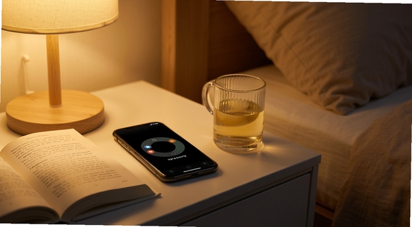 使用场景 digital refuge 在夜间卧室中的实际使用画面，手机放在床头柜上屏幕显示呼吸引导圆环，旁边有纸质书与一杯温水，暖黄灯光营造安静氛围，画面写实细腻，突出睡前放松的使用情境