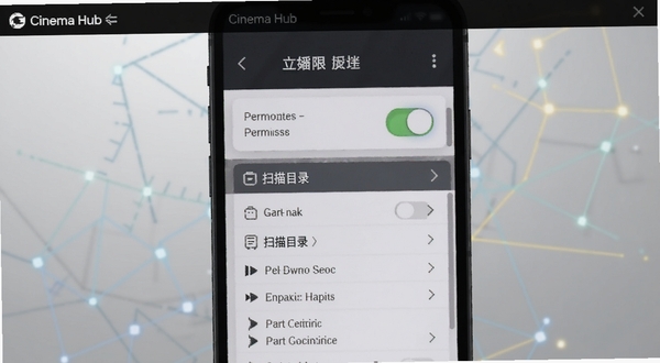 Cinema Hub 设置界面与权限管理示意画面,主体为手机屏幕特写,屏幕内展示权限开关与扫描目录列表,背景区域用浅灰渐变与几何线条填充,突出操作指引感
