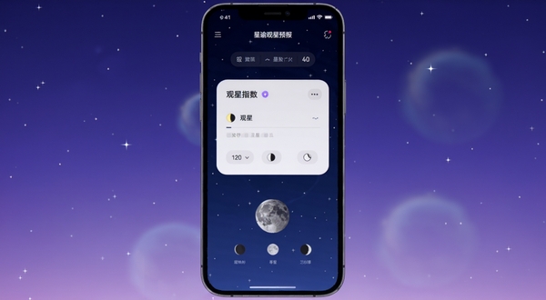 星谕观星预报软件主界面全貌，手机屏幕居中展示深蓝色星空背景下的观星指数卡片与月相图标，坐标位于画面正中央，背景为渐变的夜空紫蓝色区域，点缀稀疏星点与柔和光晕，整体风格简约科技感，适配Boogu模型生成