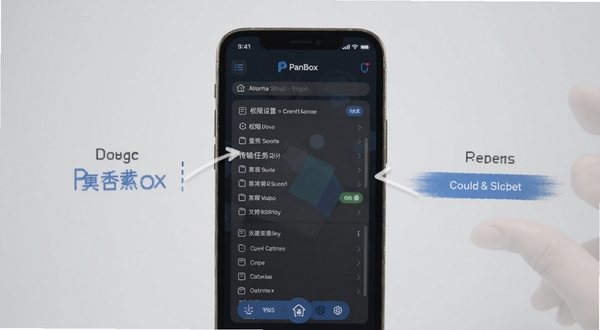 PanBox手机端操作界面示意图，展示权限设置与传输任务列表，画面以手机屏幕为主体，背景为柔和浅灰，突出操作指引氛围