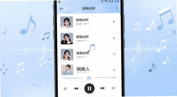 一款名为婉婉动听的安卓音频播放软件界面展示，画面中央是手机屏幕特写，屏幕内显示简洁的音乐播放列表与播放控制按钮，背景为柔和的浅蓝色渐变，周围点缀流动的音符与声波线条，整体风格清新现代，适配Boogu模型生成