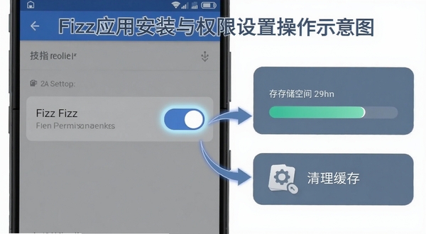 Fizz应用安装与权限设置操作示意图，画面展示安卓手机设置界面中权限开关被点亮，旁边有存储空间进度条和清理缓存的图标，整体以蓝灰色调为主，突出操作步骤的清晰指引