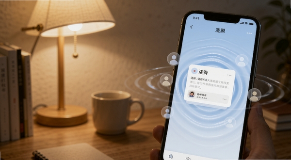 画面展示“涟漪”应用中低打扰社交互动的场景，一部手机屏幕显示淡蓝色波纹界面，几条轻柔的水波线条从内容卡片向外扩散，旁边有半透明的小圆点代表共鸣用户，背景为安静的书桌一角，暖色台灯光，整体氛围安静克制，体现弱连接社交的舒适感