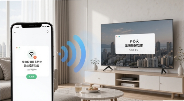 爱享投屏多协议无线投屏功能展示图，手机屏幕与智能电视之间以无线信号波纹连接，客厅场景，画面简洁明亮，突出投屏连接成功的提示界面