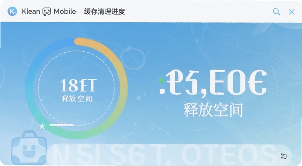 Klean Mobile 缓存清理进度页面，环形进度条与释放空间数值醒目展示，背景为淡蓝渐变
