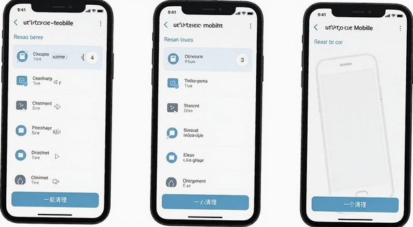 Klean Mobile 手机重复文件扫描界面，展示分组对比列表与一键清理按钮，简洁浅色 UI 风格