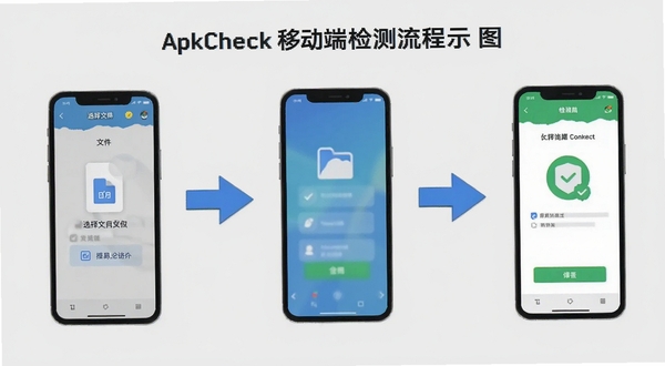 ApkCheck移动端检测流程示意图，画面展示手机屏幕从选择文件到显示检测结果的三个步骤，背景为浅灰色简洁风格，配有箭头引导，突出操作便捷性