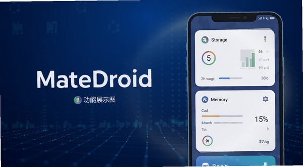 MateDroid 功能展示图，画面主体为手机屏幕特写位于画面右侧，屏幕上显示存储与内存状态卡片，背景区域为深蓝色科技感渐变，点缀细密的数据网格与柔和光晕，整体构图干净利落，适合软件介绍配图，扁平插画风格，细节清晰