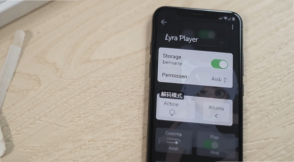 Lyra Player 设置界面展示存储权限开关与解码模式选择，手机屏幕竖直摆放，背景为浅色桌面，界面元素清晰可见