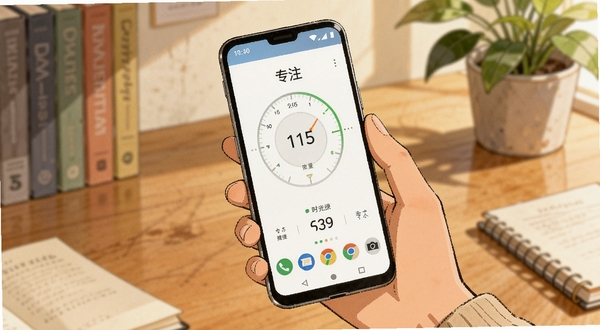 专注时光手机应用在桌面上运行的场景插画,画面展示一只手握持安卓手机,屏幕显示专注计时界面,背景为书桌与绿植,风格温暖写实