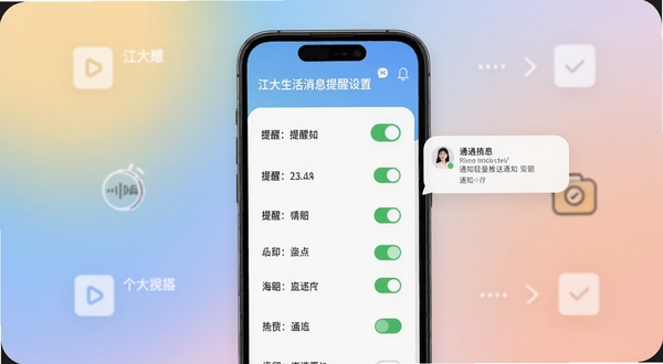 江大生活消息提醒设置界面,手机屏幕展示提醒开关列表与通知预览气泡,背景为柔和渐变色彩与简约图标元素,体现轻量推送与个性化管理,适配Boogu模型生成