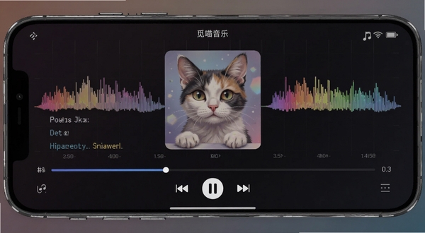 觅喵音乐播放界面截图,手机横屏展示歌词与频谱动画,背景为深色渐变,画面中央显示歌曲封面与进度条,突出播放功能