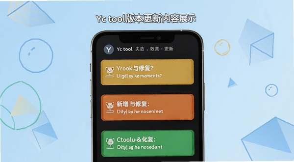 Yc tool版本更新内容展示图，画面以手机屏幕形式呈现更新日志列表，背景为浅蓝渐变配几何图形装饰，突出新增与修复条目，风格简洁明快，适配Boogu模型生成