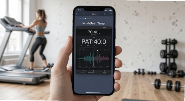 PushBeat Timer软件界面展示节拍计时同步功能，手机屏幕居中，背景为简约健身场景