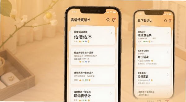 高情商话术软件界面展示,手机屏幕中呈现分类清晰的话术卡片列表,暖色调背景,简洁现代的UI设计风格,细节丰富,适合软件下载站配图