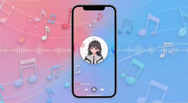 哔哩音乐APP主界面展示,手机屏幕居中,粉蓝渐变背景,圆形专辑封面悬浮在界面中央,底部播放控制栏清晰可见,周围环绕着音符与声波纹理,整体风格清新简约,适配Boogu模型生成