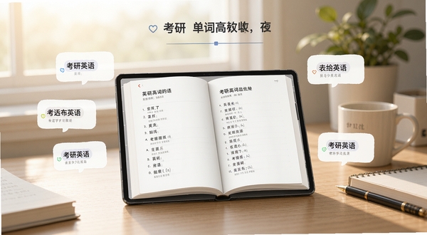 考研单词软件主界面展示，画面中央是一本翻开的电子单词书，周围环绕着考研英语高频词汇卡片，背景为清晨书桌场景，柔和自然光线，整体风格清新简约，适合学习类应用宣传图