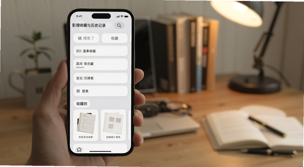 影搜收藏与历史记录页面展示，手机屏幕显示历史搜索词列表和收藏夹卡片，界面采用浅灰底色与圆角卡片设计，背景为柔和的书桌场景，突出整理与复用的氛围