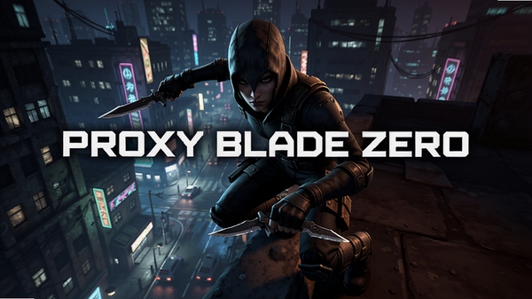 游戏主界面展示，主角在霓虹城市屋顶潜行，包含Proxy Blade Zero标题，背景为赛博朋克街道，光影对比强烈，角色手持短刃，准备暗杀动作，构图中心突出游戏标题