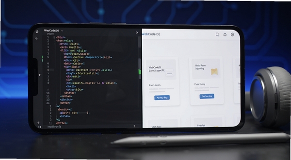WebCodeIDE 实时预览功能界面图，画面展示一部横屏放置的安卓手机，屏幕被分为左右两半，左半部分为代码编辑区显示彩色高亮的 HTML 代码，右半部分为网页预览区显示一个简洁的卡片式网页布局，手机旁边放着一支触控笔和一副耳机，背景为深蓝色科技感渐变，画面聚焦于分屏操作的便捷性，细节清晰，光影柔和
