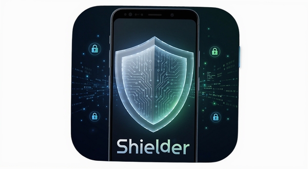 软件名称Shielder，画面主体为一部安卓手机屏幕中央悬浮半透明盾牌图标，盾牌表面有细密电路纹理与柔和蓝绿光晕，背景为深色渐变科技空间，四周散布微小的权限锁形符号与数据流光线，整体风格简洁现代，构图居中对称，高清质感，适合软件下载站头图
