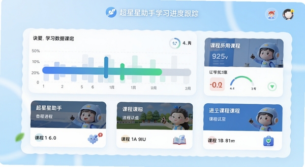 超星助手学习进度跟踪界面，画面主体为进度条形图与课程卡片，背景为淡蓝色渐变，整体风格清新，突出数据可视化效果