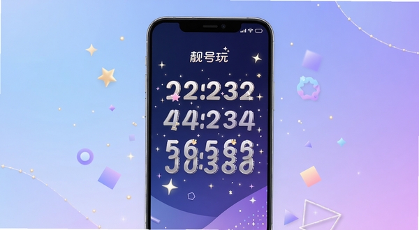 一款名为靓号玩的安卓手机应用界面展示,画面主体位于中央区域,展示手机屏幕中数字号码被精美装饰的效果,背景为柔和的渐变蓝紫色调,周围点缀星光与几何图形,整体风格清新现代,适配手机应用展示场景