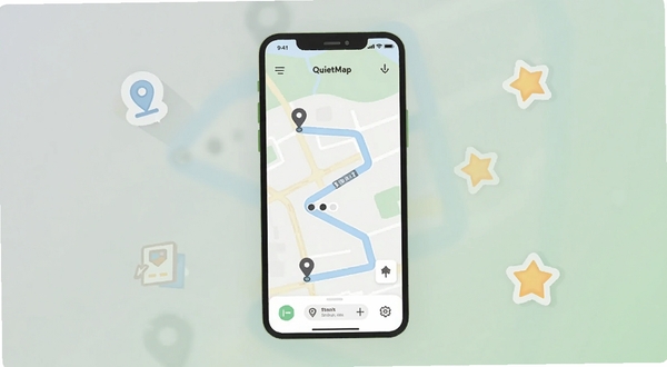 一张展示静途 QuietMap 手机应用主界面的插画，画面中央是一部竖屏手机，屏幕上显示简洁的地图路线界面，有起点终点标记与淡蓝色路径线条，背景为柔和的浅灰绿色渐变，四周点缀定位图标与收藏星标，整体风格干净清爽，适配Boogu模型生成