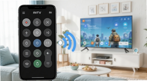 MiTV Control 软件主界面全貌展示，画面中央是一部智能手机屏幕显示虚拟遥控器按键布局，背景为客厅环境中的小米电视，整体色调清新明亮，采用扁平化UI设计风格，突出手机与电视之间的无线连接关系，画面比例为16比9，适合软件下载站展示