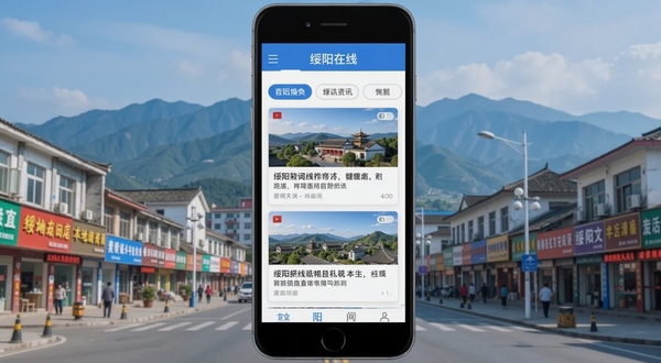 绥阳在线应用首页本地资讯聚合界面展示，手机屏幕中排列着新闻卡片与分类标签，背景为绥阳城市街景与远山，清新明亮的蓝白色调，扁平化UI风格，细节清晰