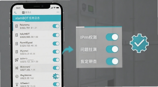 xlamBOT软件任务日志与设置界面示意图，画面展示手机屏幕上的日志列表与权限开关区域，配色为浅灰底配青蓝强调色，旁边有简洁的齿轮与对勾图标元素，整体风格清爽直观，突出操作指引与问题排查场景，细节丰富