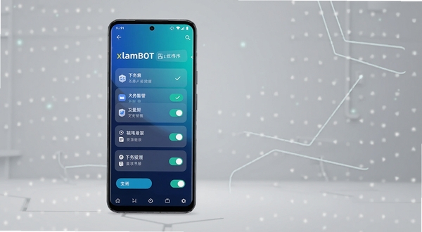 画面中央偏左位置呈现一部竖屏安卓手机，屏幕上显示xlamBOT软件主界面，界面以深蓝与青色渐变为主，带有任务卡片与开关按钮；背景区域为浅灰色科技感空间，点缀柔和光点与几何线条，整体风格简洁现代，突出智能助手与自动化操作的产品气质，高清细节，适合软件下载站展示