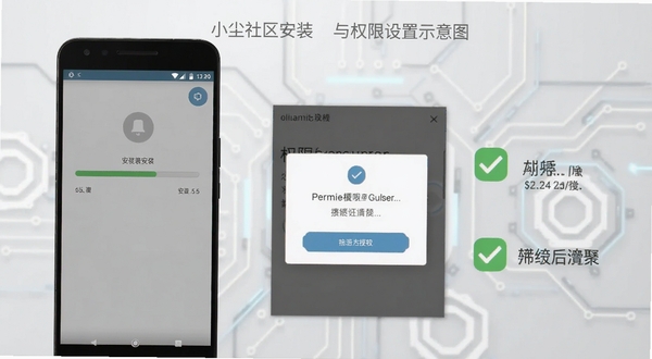 小尘社区安装与权限设置示意图，画面展示安卓手机屏幕上的安装进度条与权限授权弹窗，旁边配有勾选与提示图标，背景为浅灰色科技感线条，整体风格简洁明了，突出操作指引主题