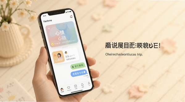 说来心动 应用界面全貌展示，手机屏幕居中偏左，浅暖色调背景，界面包含心情卡片与聊天气泡元素，整体风格清新简洁，适合社交软件宣传图
