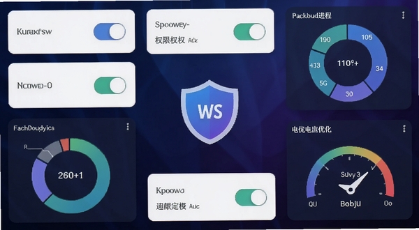 KowSU超级管理器安卓应用主界面概念图，画面中央为深色渐变背景上的权限管理盾牌图标，四周环绕应用权限开关卡片、后台进程环形图和电池优化仪表盘，整体风格科技感强，蓝紫配色，扁平化设计，细节清晰，适配Boogu模型生成