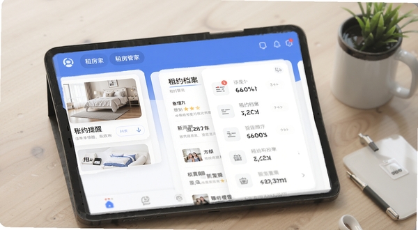 租房管家应用界面卡片式租约档案与账单提醒功能展示图
