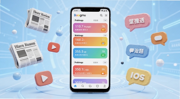 整体概览全网热点界面，画面主体为一部居中竖放的安卓手机，屏幕显示彩色热榜列表与热搜排名，背景为浅蓝渐变科技感空间，四周漂浮报纸、播放按钮、话题气泡等资讯元素，风格清爽现代，适配Boogu模型生成