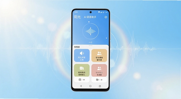 阳光AI语音助手 软件全貌展示图，画面中央放置一部安卓手机，手机屏幕显示阳光AI语音助手主界面，界面包含语音波形图标与常用功能卡片，背景为明亮的浅蓝色渐变空间，四周点缀柔和的阳光光晕与声波线条，整体风格清爽现代，适配Boogu模型生成