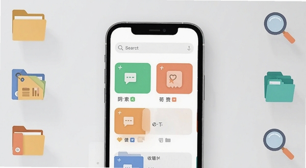 随心袋软件主界面全貌展示,画面中央为手机屏幕特写,屏幕内呈现简洁的卡片式收纳分类列表与顶部搜索框,背景为浅灰渐变桌面环境,四周点缀文件夹、标签、放大镜等扁平化图标元素,整体风格清爽干净,适配Boogu模型生成